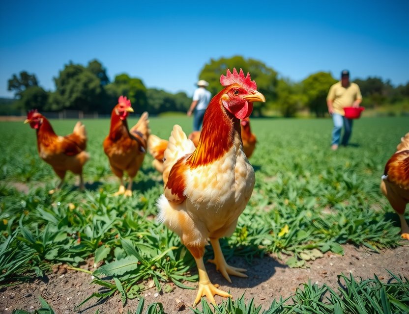 Chickens roaming freely at Playgrynx sustainable farm Granada